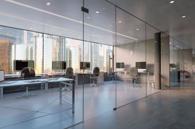 Glass office with pivot door